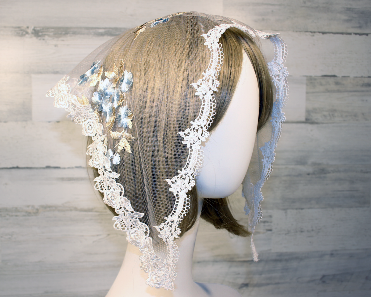 White Small Triangle Chapel Veil/Mantilla with Embroidered Blue and Gold Roses