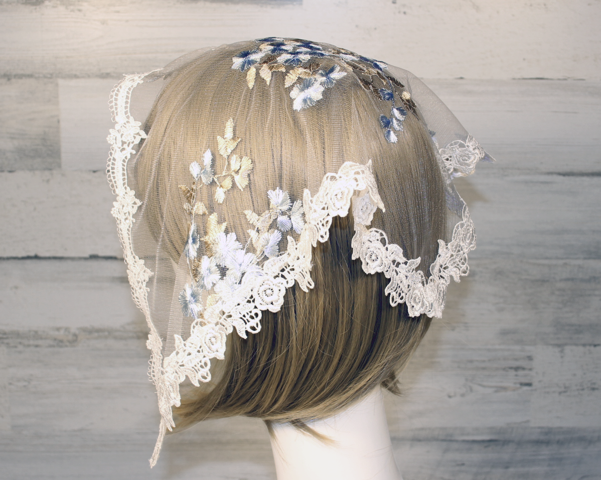 White Small Triangle Chapel Veil/Mantilla with Embroidered Blue and Gold Roses