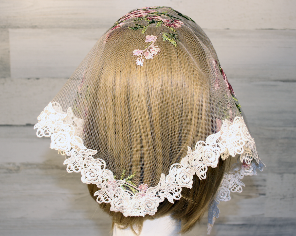 White Small Triangle Chapel Veil/Mantilla with Embroidered Pink Roses