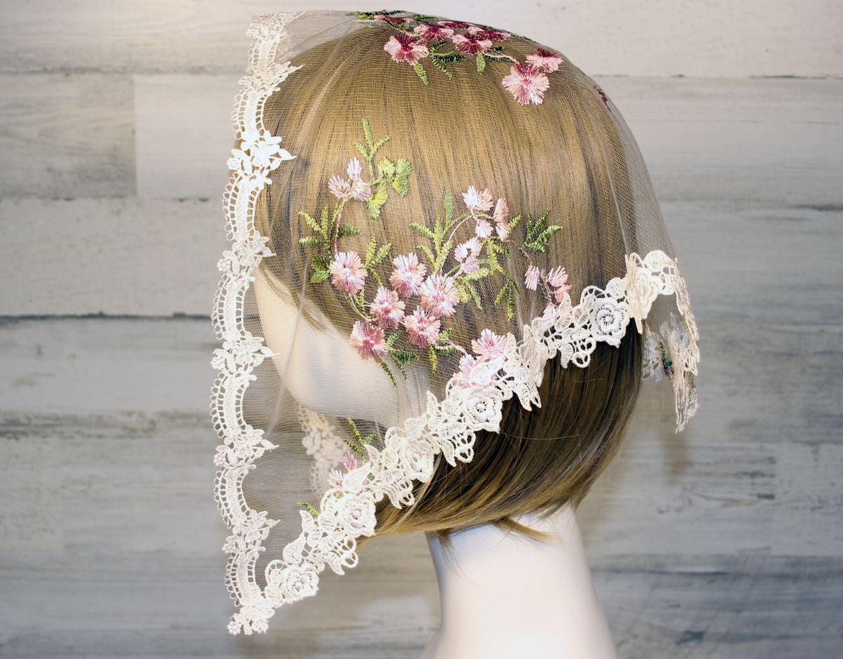 White Small Triangle Chapel Veil/Mantilla with Embroidered Pink Roses