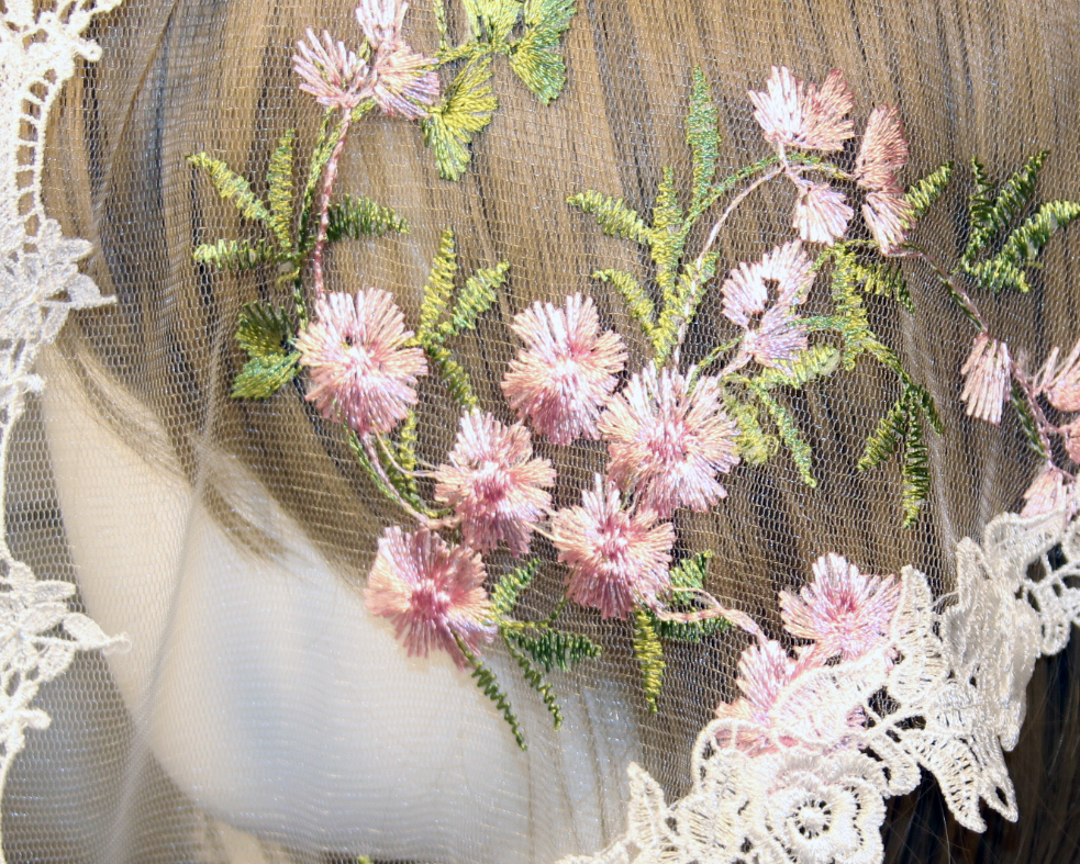 White Small Triangle Chapel Veil/Mantilla with Embroidered Pink Roses