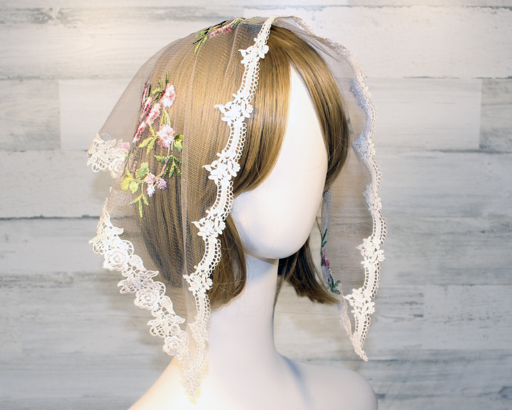 White Small Triangle Chapel Veil/Mantilla with Embroidered Pink Roses