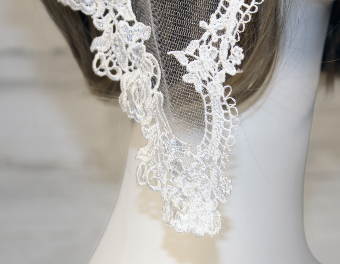 White Small Triangle Chapel Veil/Mantilla with Embroidered Blue and Gold Roses