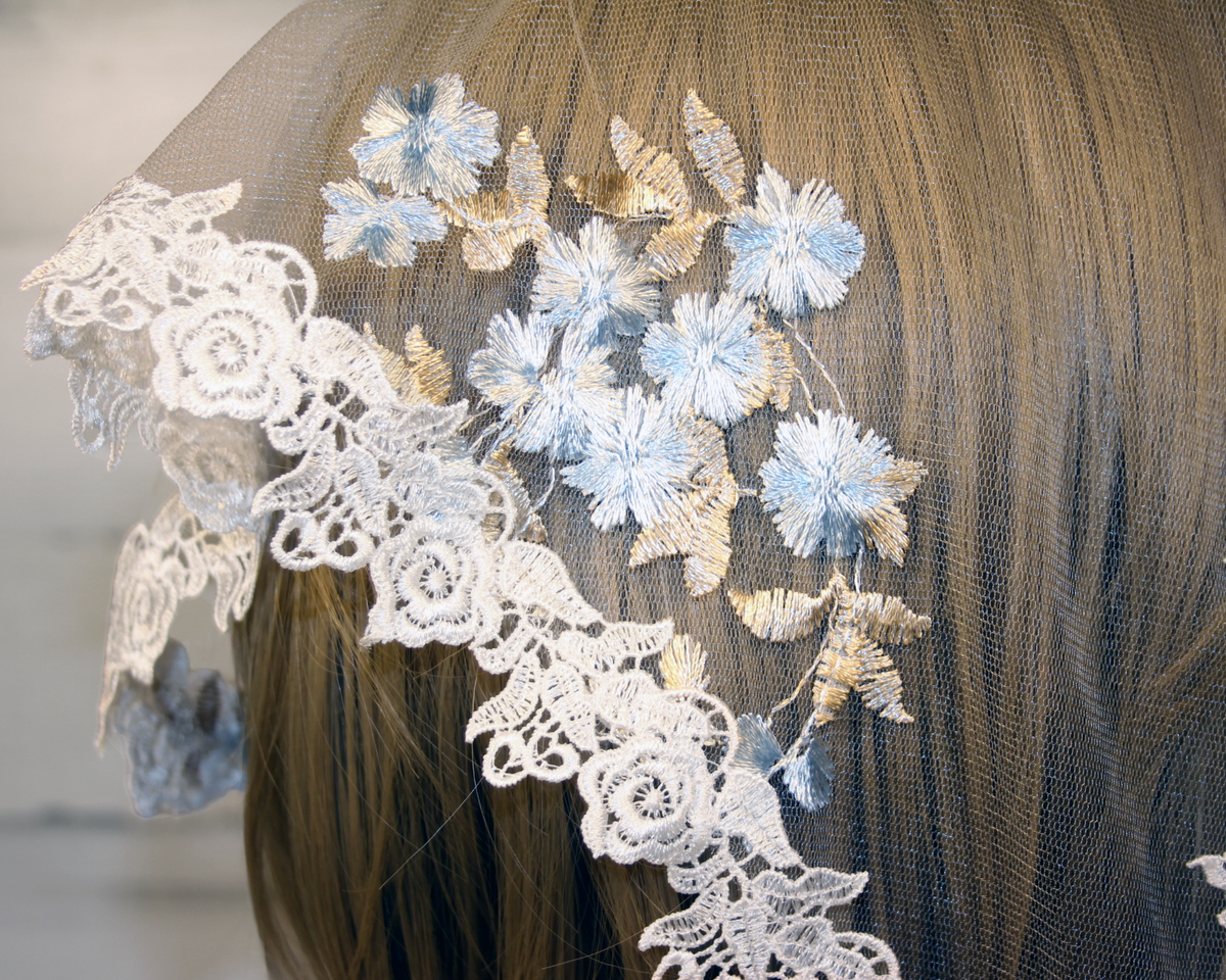 White Small Triangle Chapel Veil/Mantilla with Embroidered Blue and Gold Roses