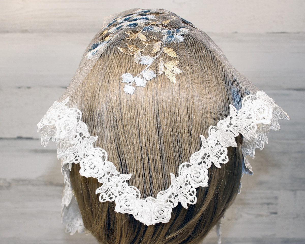 White Small Triangle Chapel Veil/Mantilla with Embroidered Blue and Gold Roses