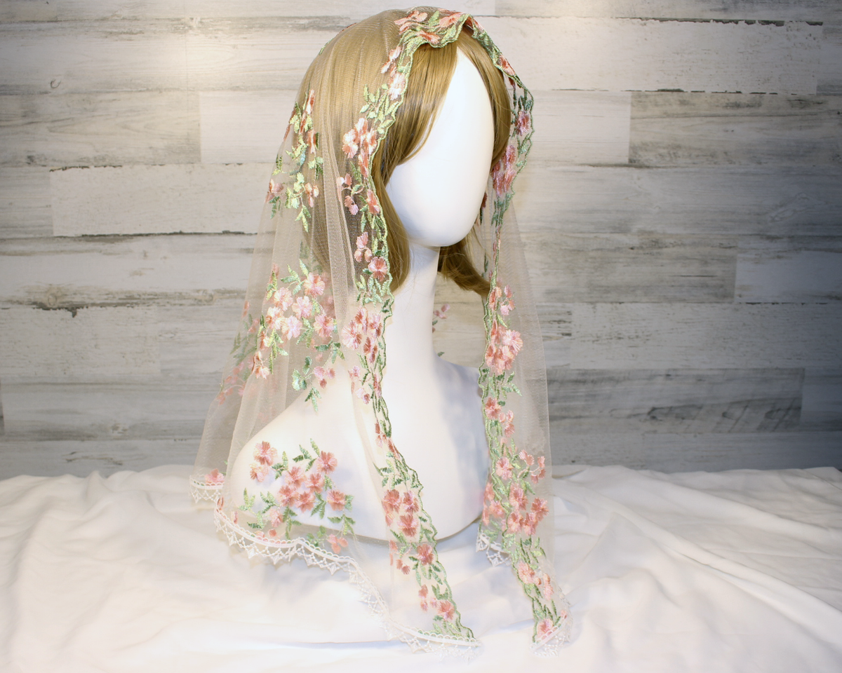 White Long Length Chapel Veil/Mantilla with Embroidered Pink Roses