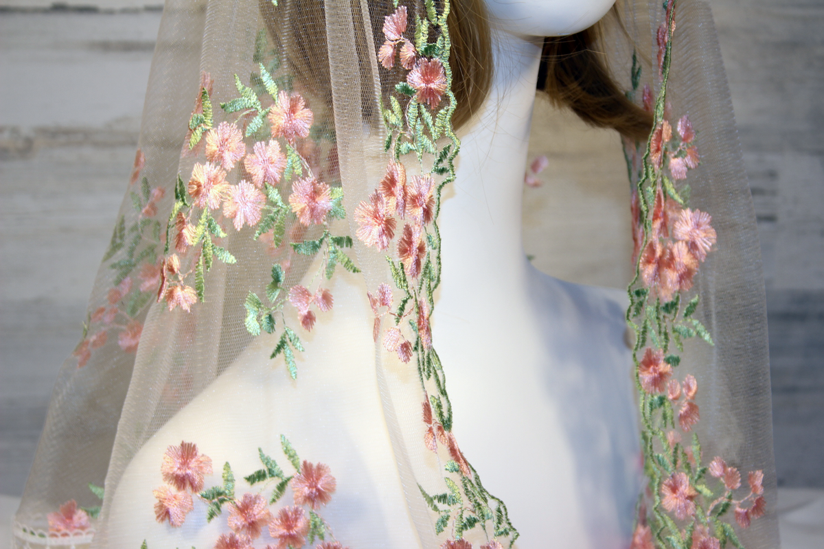 White Long Length Chapel Veil/Mantilla with Embroidered Pink Roses