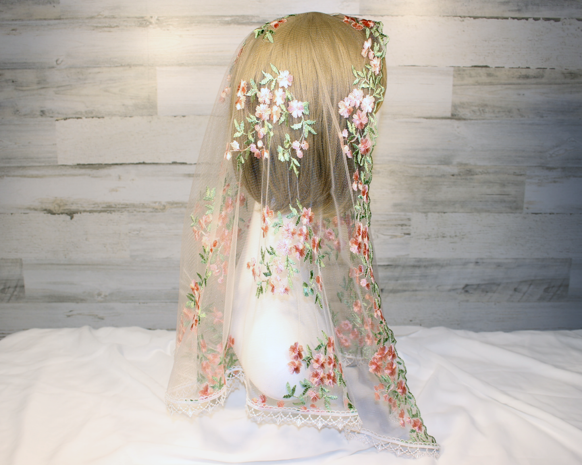 White Long Length Chapel Veil/Mantilla with Embroidered Pink Roses