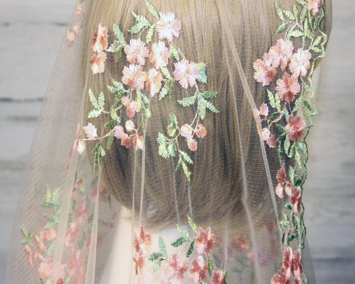 White Long Length Chapel Veil/Mantilla with Embroidered Pink Roses