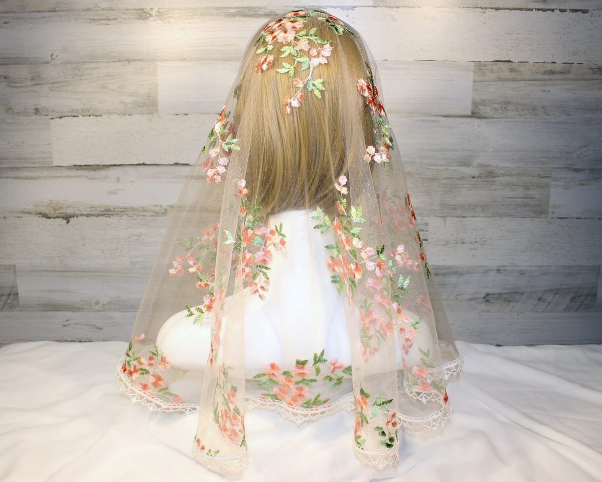White Long Length Chapel Veil/Mantilla with Embroidered Pink Roses