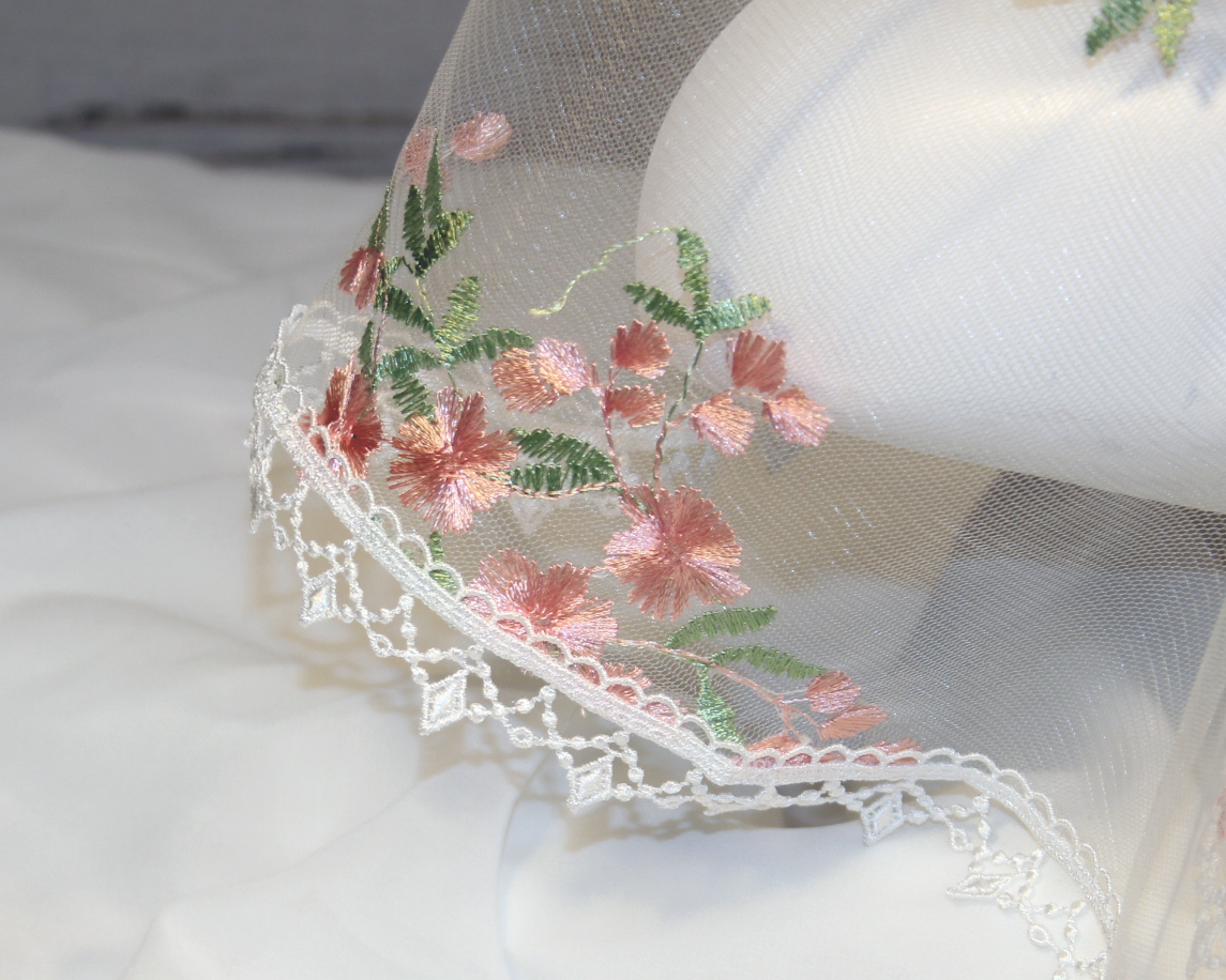 White Long Length Chapel Veil/Mantilla with Embroidered Pink Roses