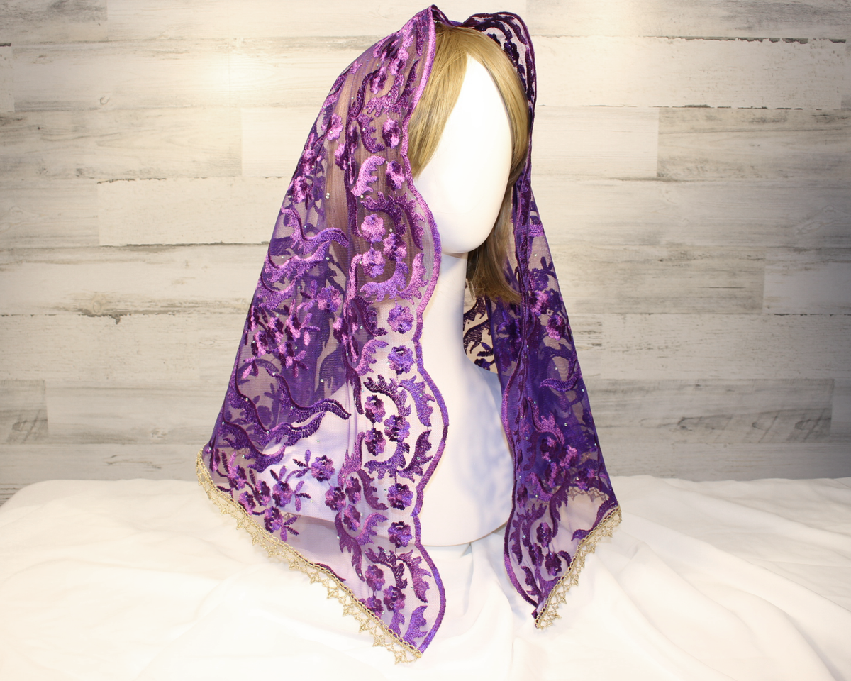 Dark Purple Floral Long Length Chapel Veil/Mantilla