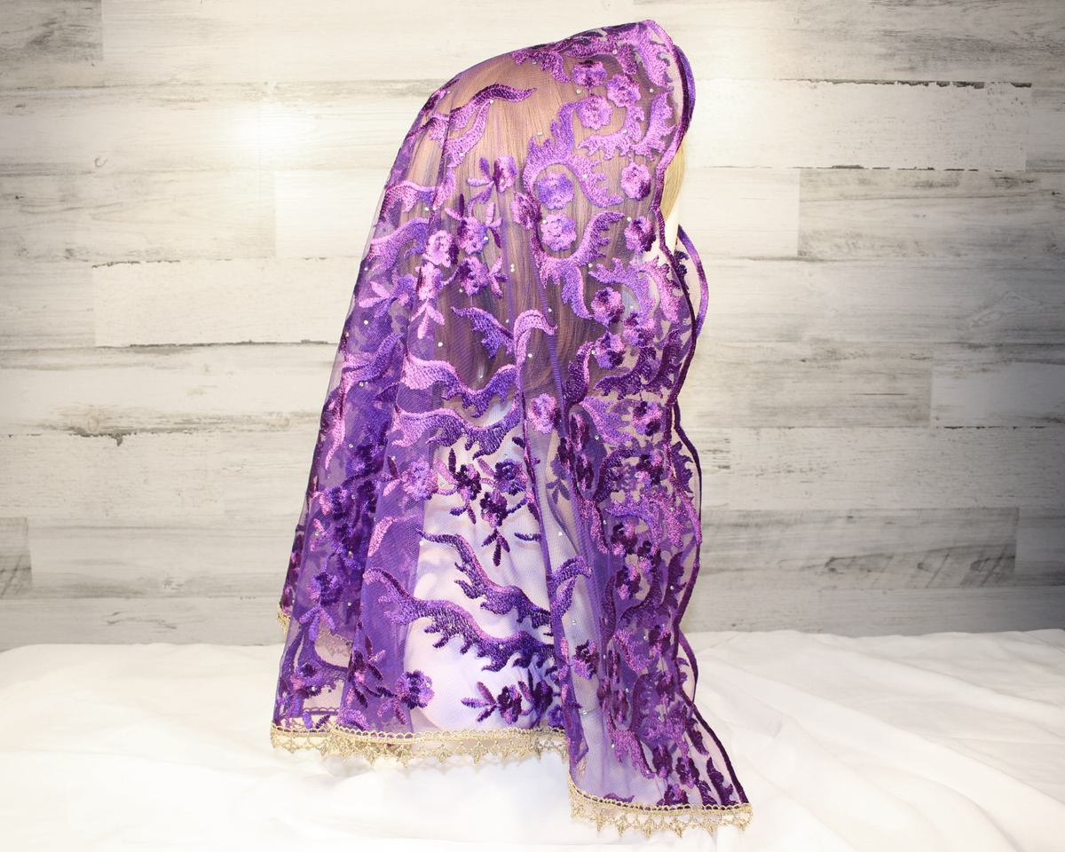 Dark Purple Floral Long Length Chapel Veil/Mantilla