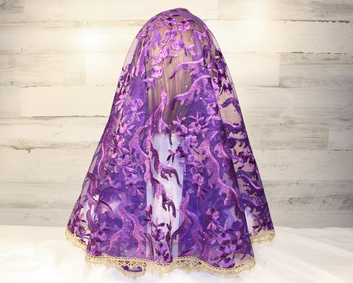 Dark Purple Floral Long Length Chapel Veil/Mantilla