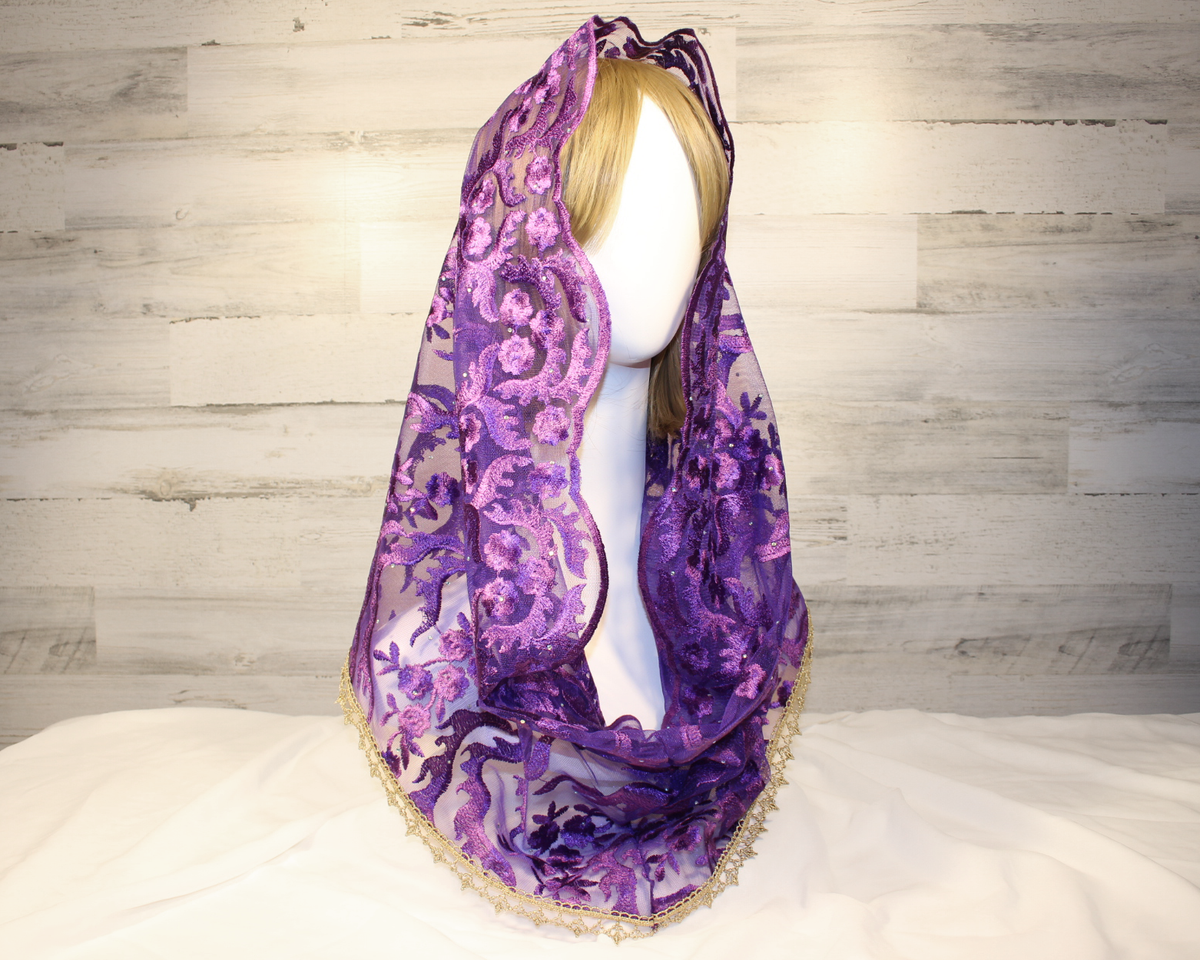 Dark Purple Floral Mesh Lace Infinity Chapel Veil/Mantilla