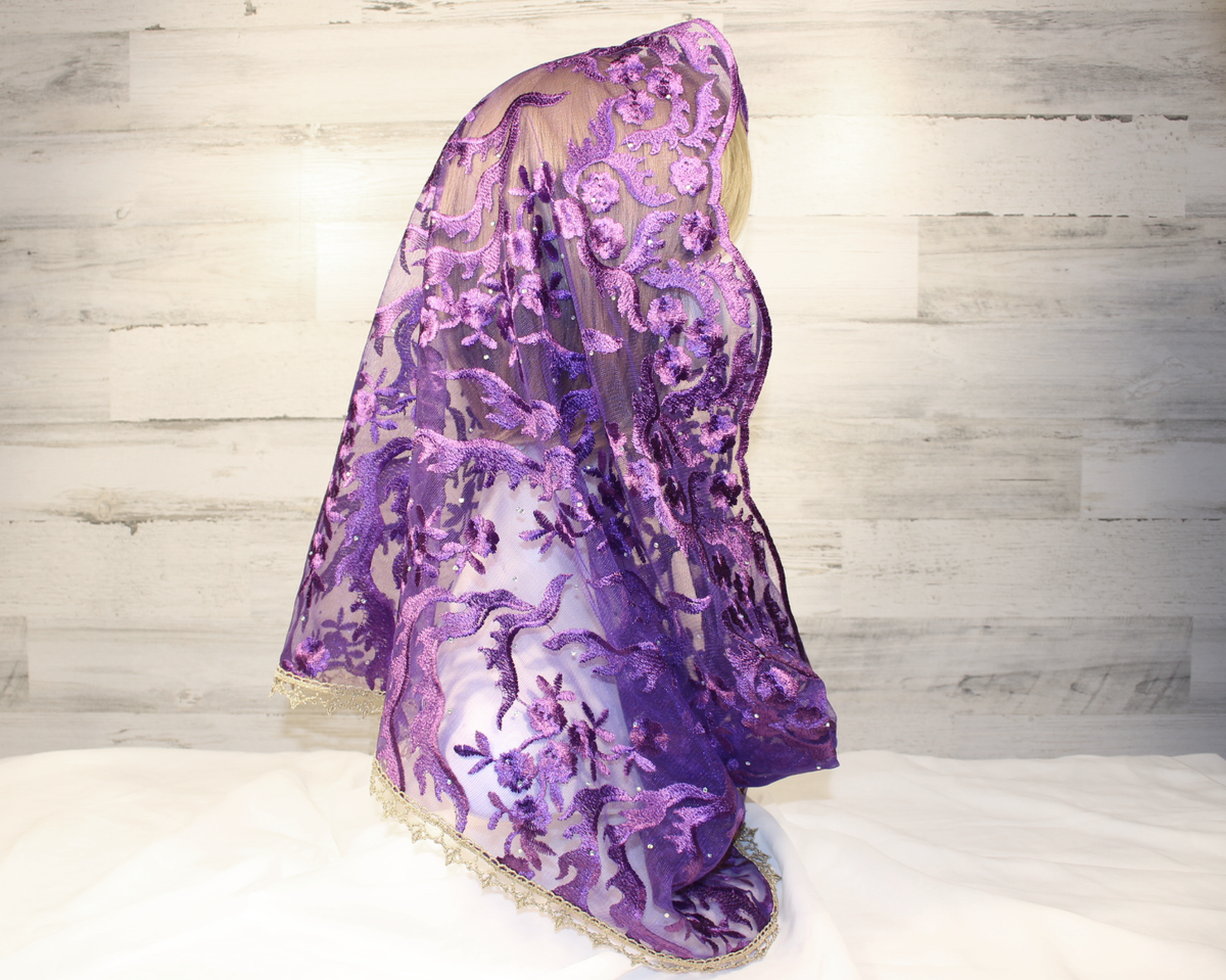 Dark Purple Floral Mesh Lace Infinity Chapel Veil/Mantilla