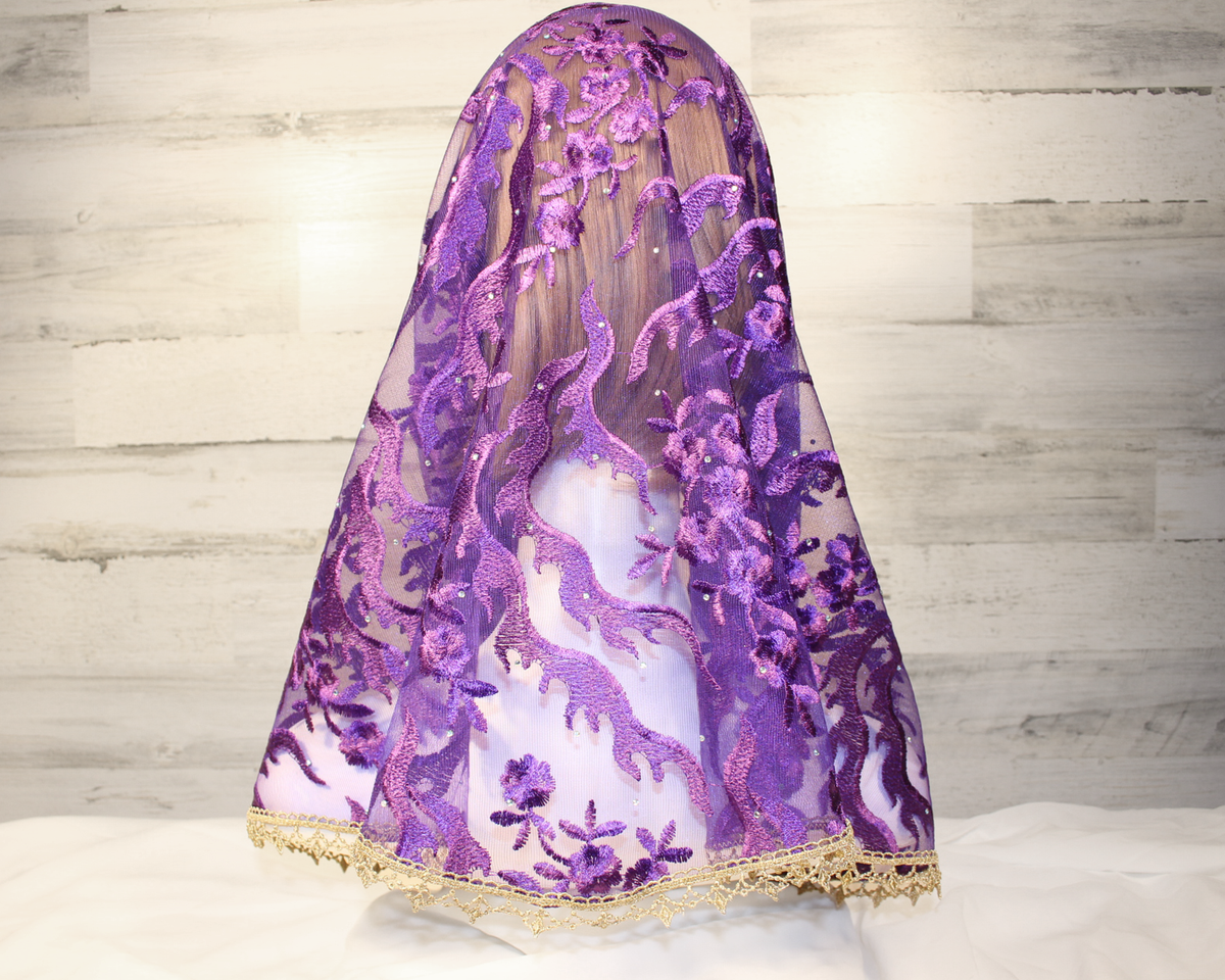 Dark Purple Floral Mesh Lace Infinity Chapel Veil/Mantilla