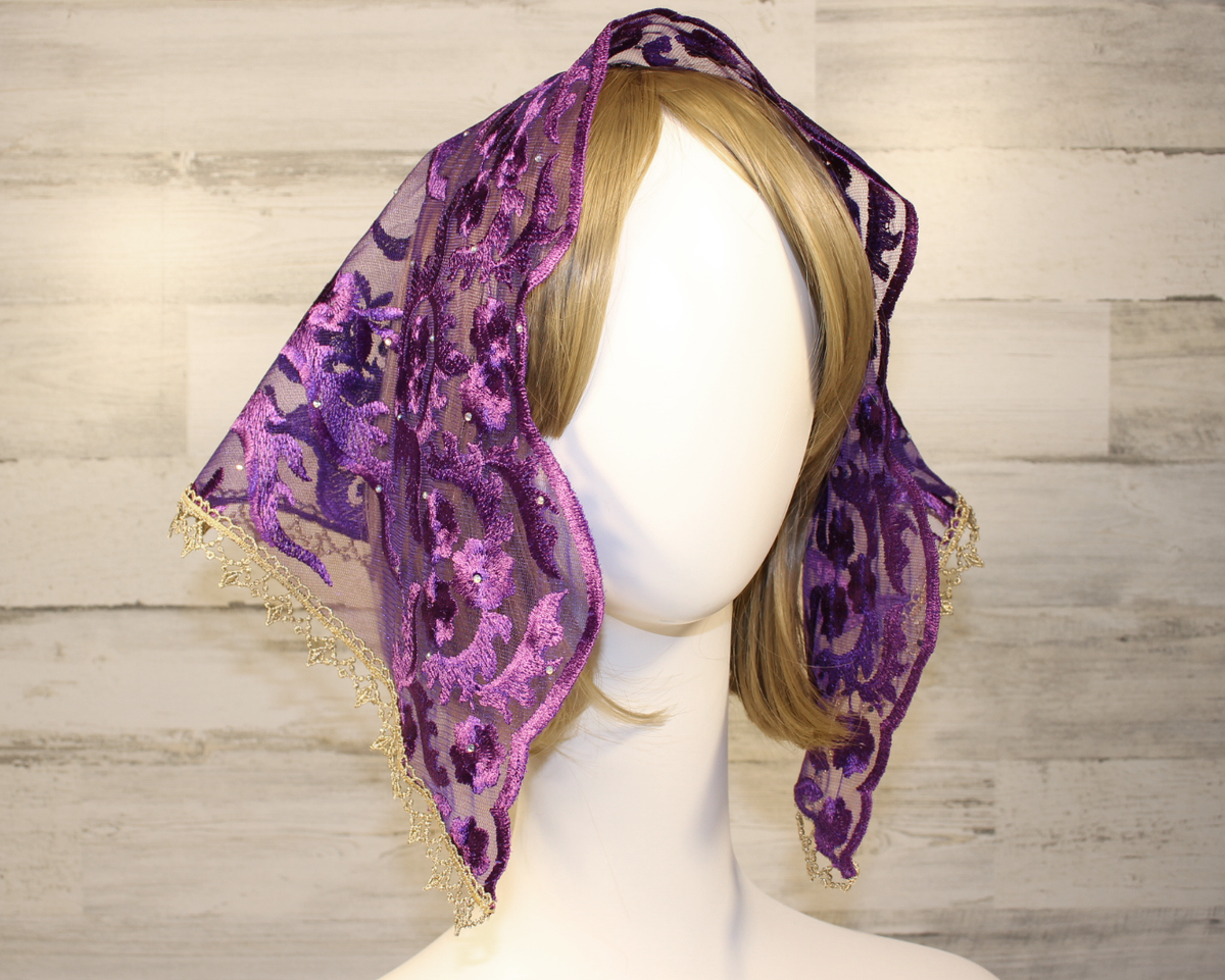 Dark Purple Floral Mesh Lace Small D-Shaped Chapel Veil/Mantilla