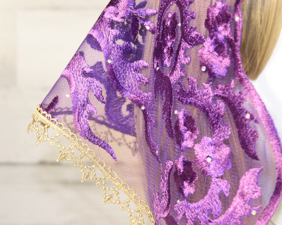 Dark Purple Floral Mesh Lace Small D-Shaped Chapel Veil/Mantilla