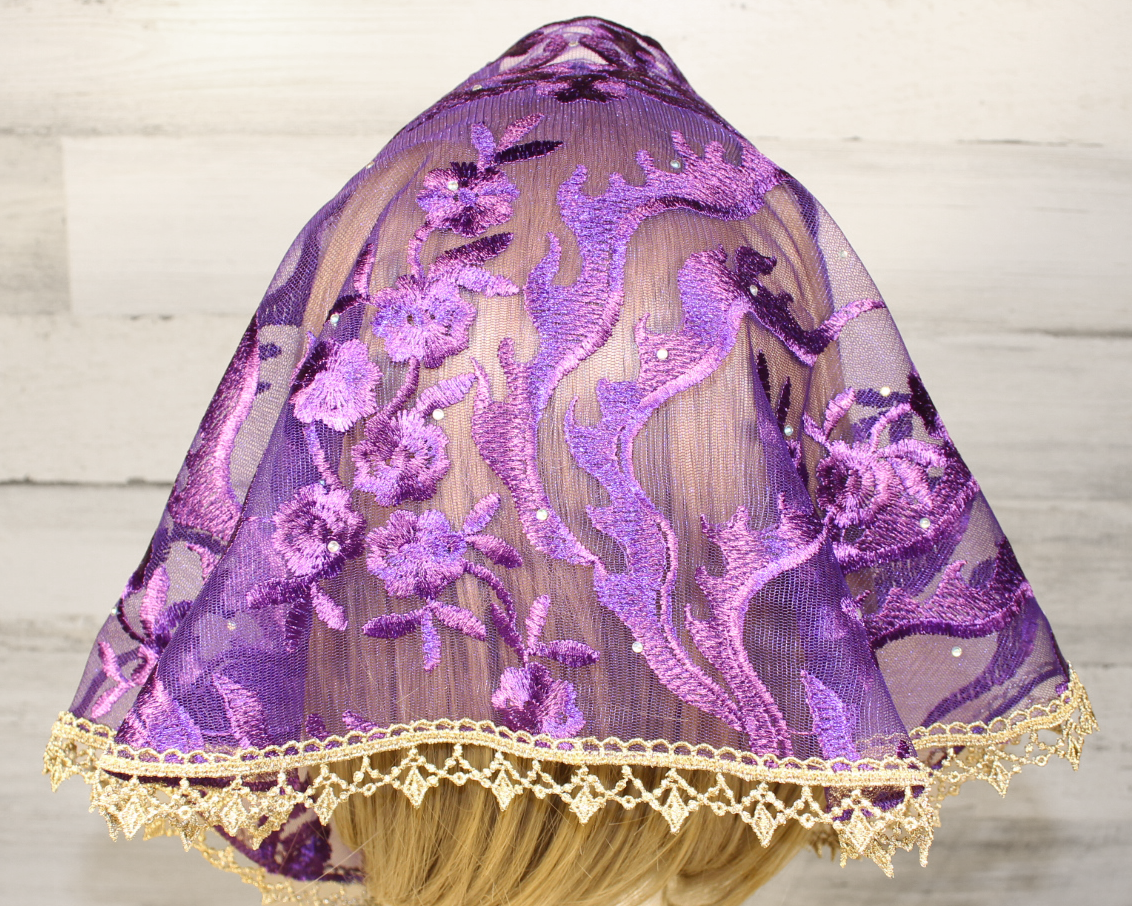 Dark Purple Floral Mesh Lace Small D-Shaped Chapel Veil/Mantilla