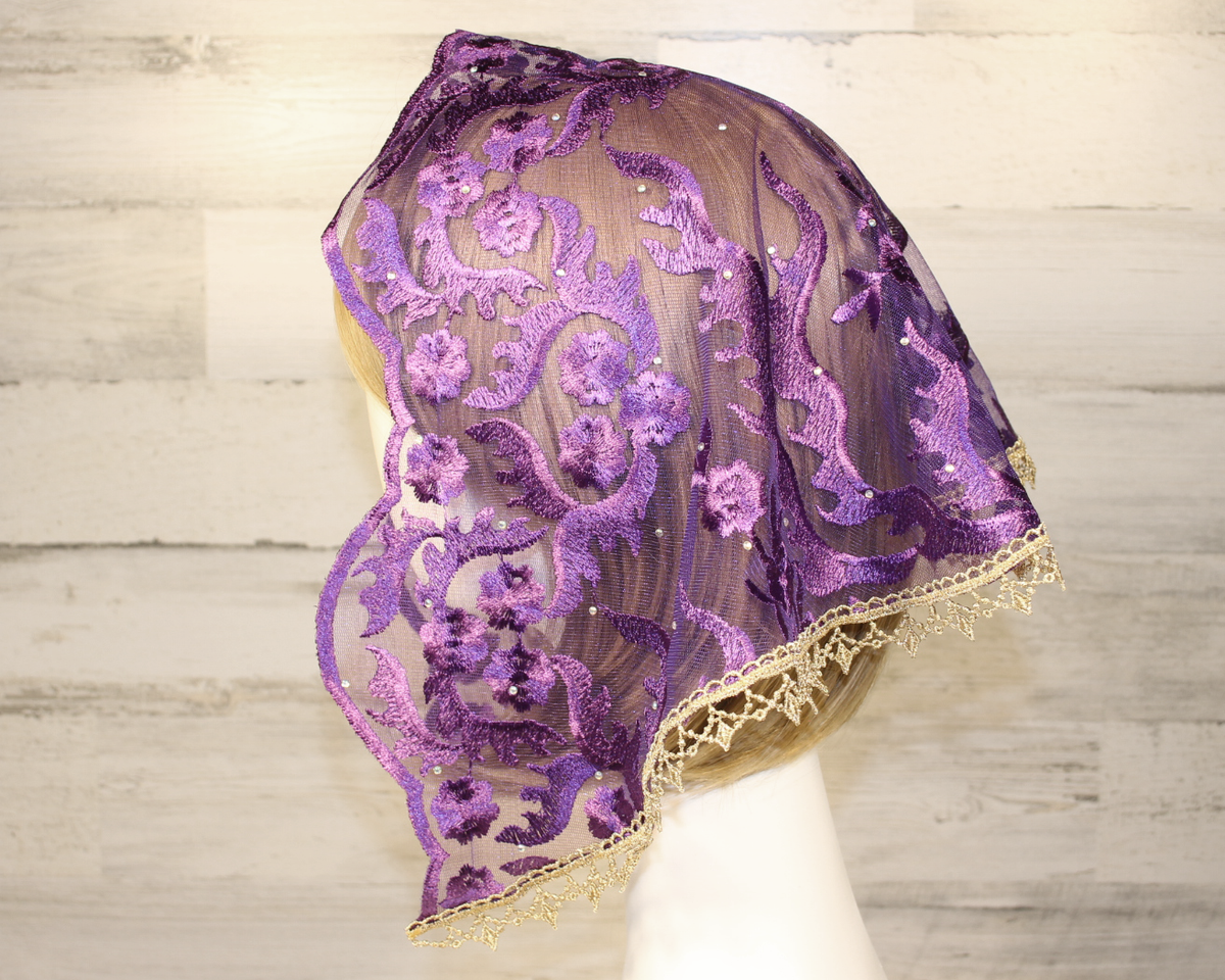 Dark Purple Floral Mesh Lace Small D-Shaped Chapel Veil/Mantilla