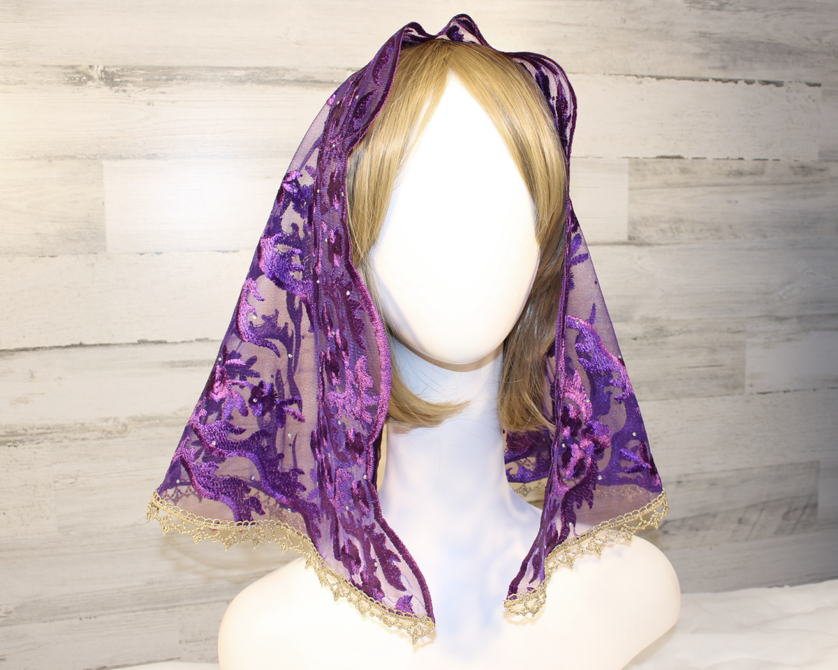 Dark Purple Floral Mesh Lace Large D-Shaped Chapel Veil/Mantilla