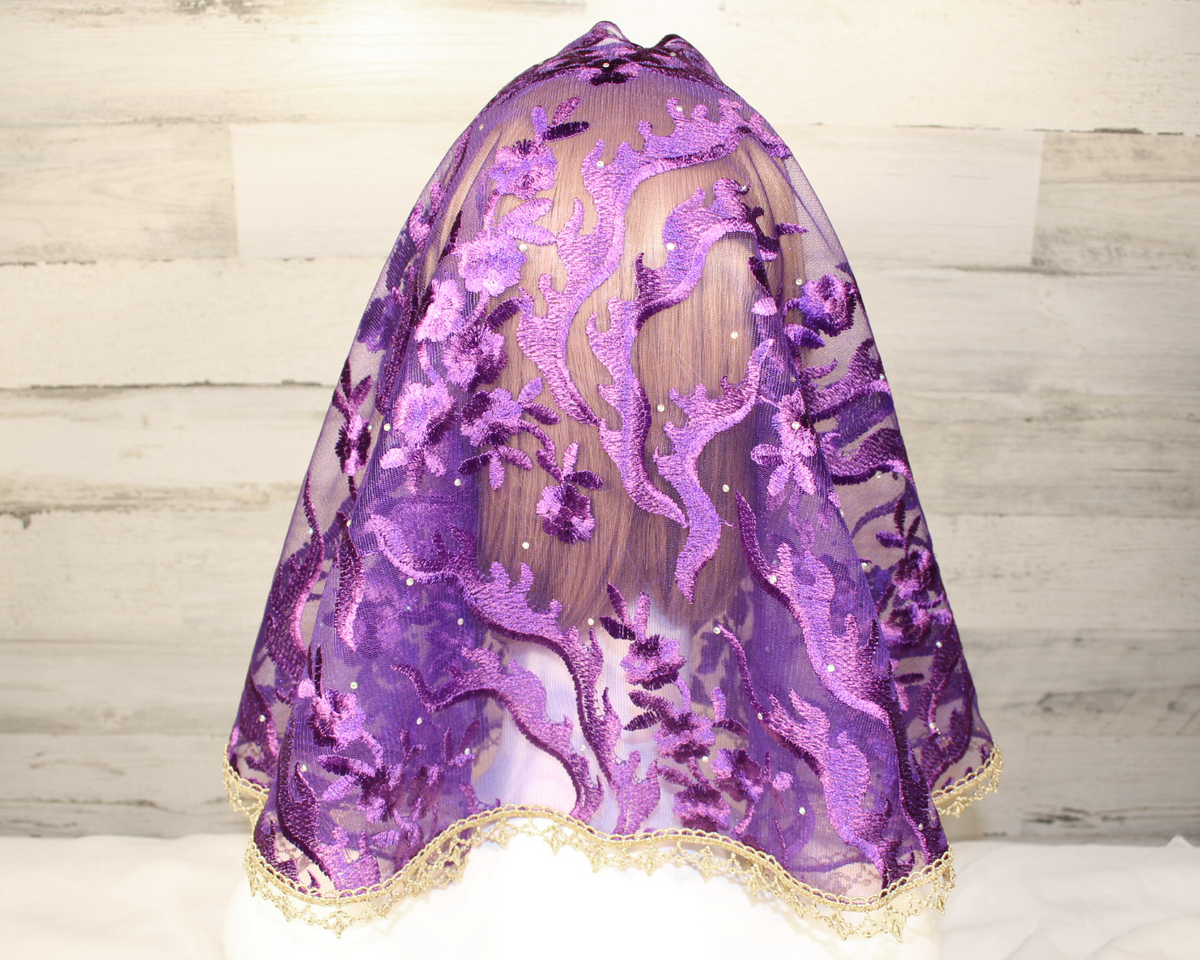 Dark Purple Floral Mesh Lace Large D-Shaped Chapel Veil/Mantilla