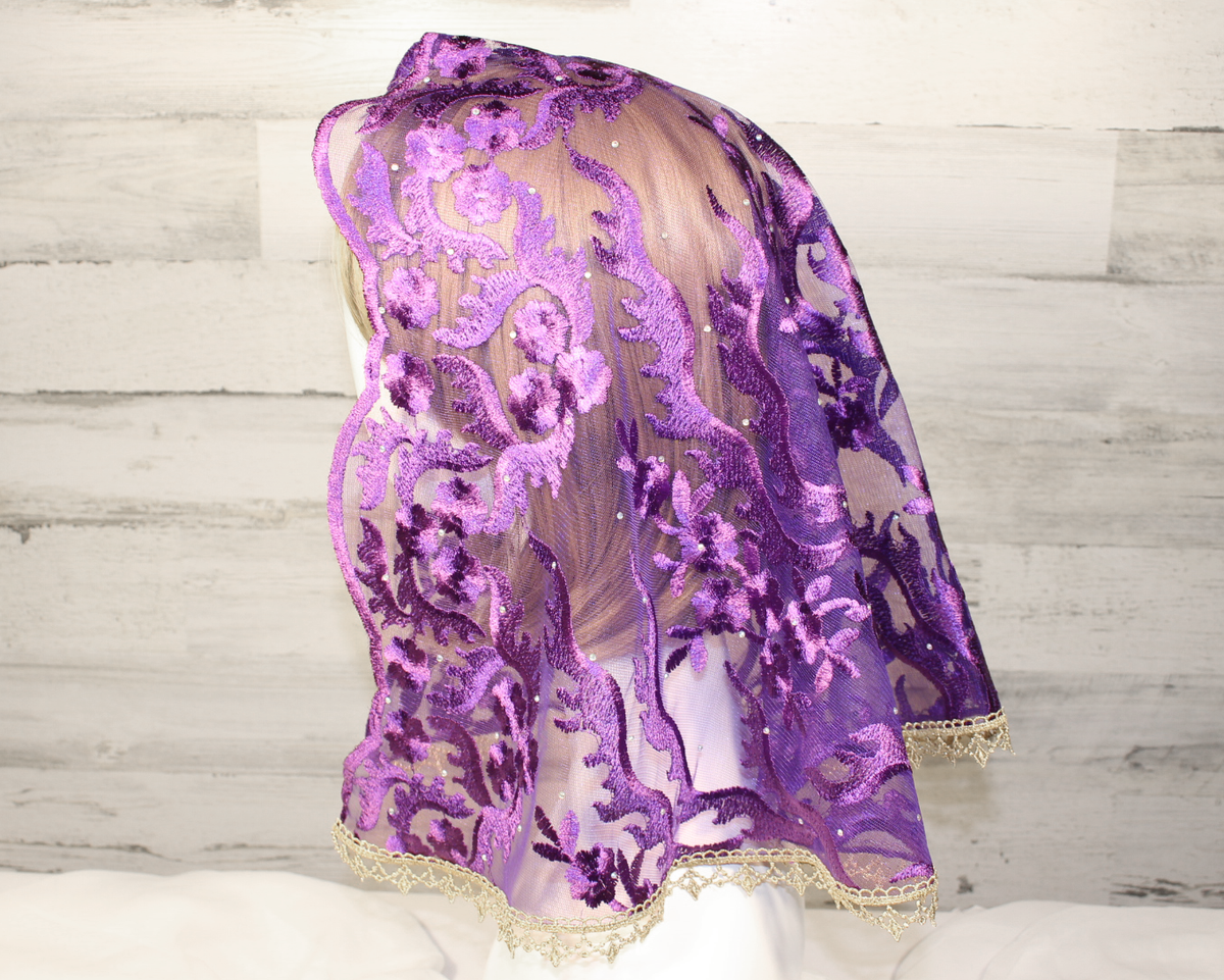 Dark Purple Floral Mesh Lace Large D-Shaped Chapel Veil/Mantilla