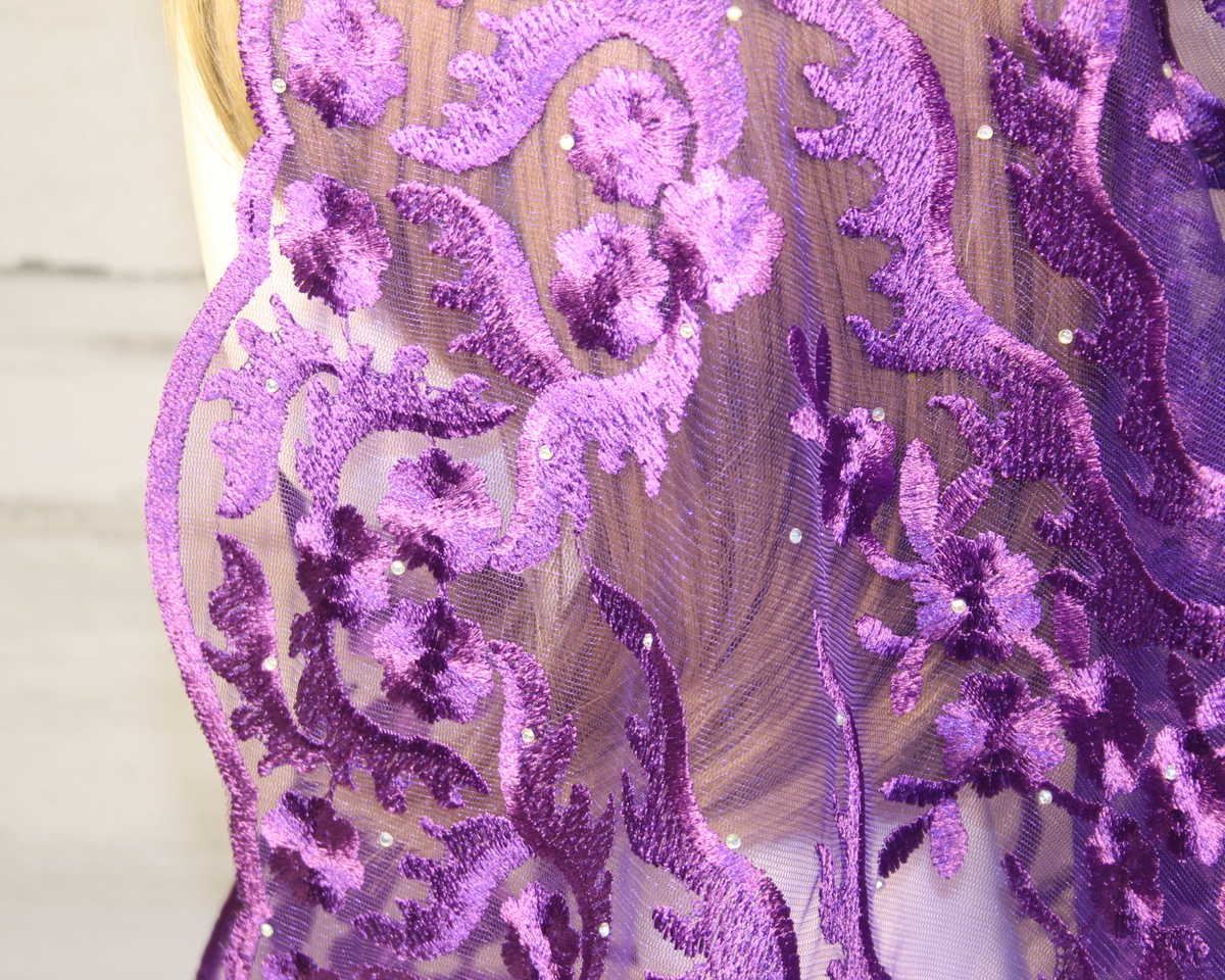 Dark Purple Floral Mesh Lace Large D-Shaped Chapel Veil/Mantilla