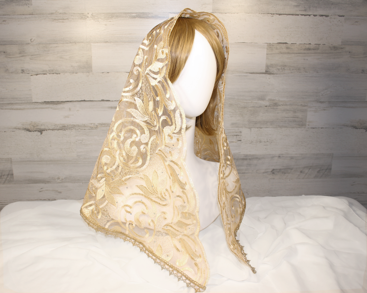 Gold Floral Long Length Chapel Veil/Mantilla