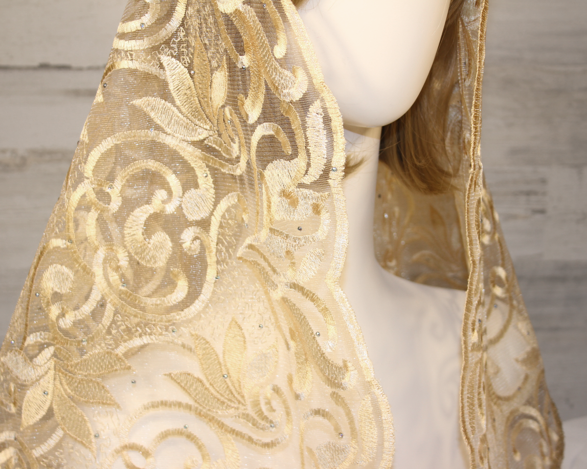 Gold Floral Long Length Chapel Veil/Mantilla