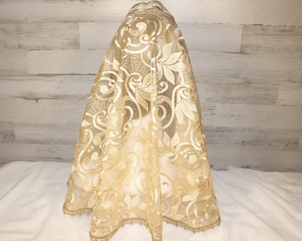 Gold Floral Long Length Chapel Veil/Mantilla
