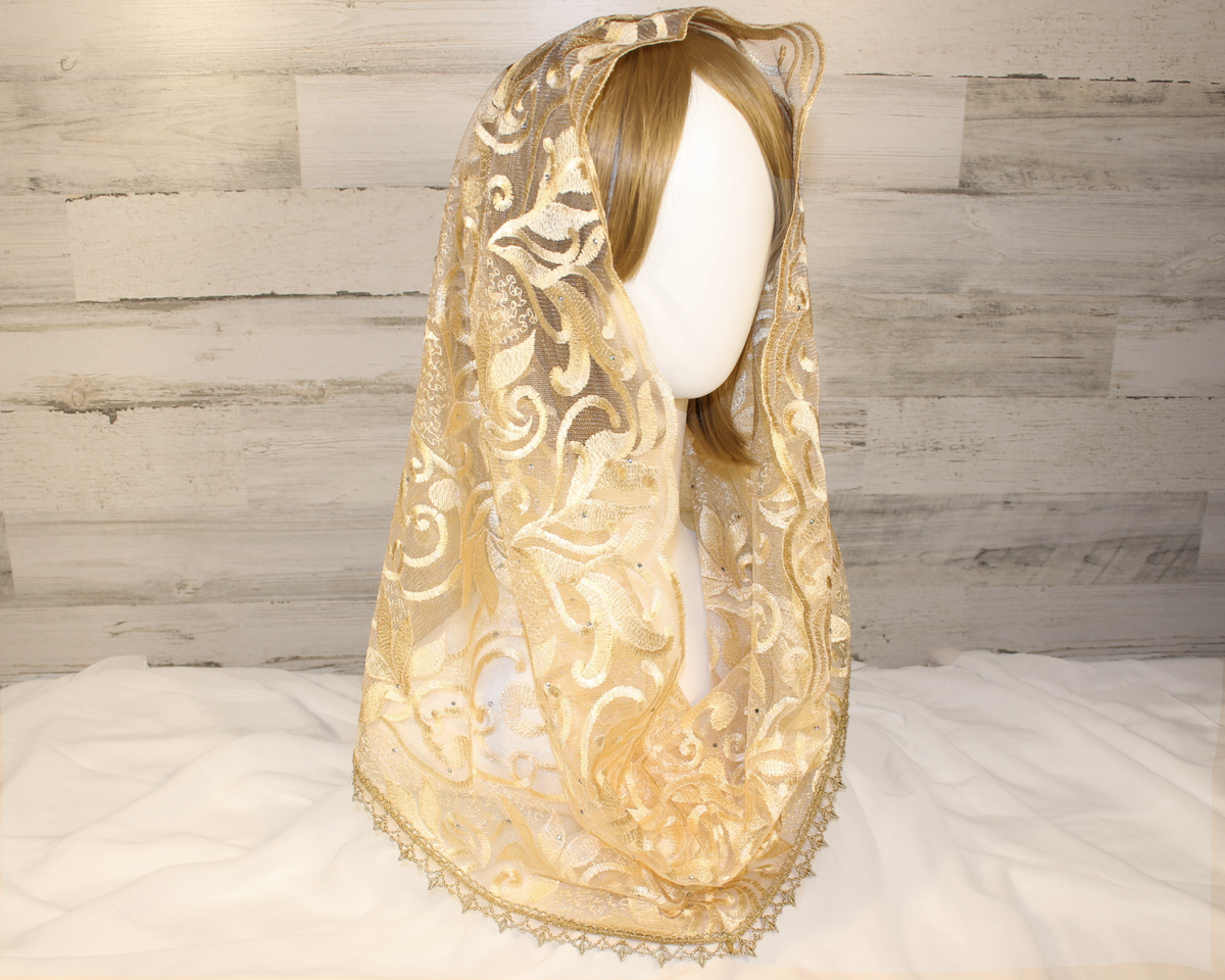 Gold Floral Mesh Lace Infinity Chapel Veil/Mantilla