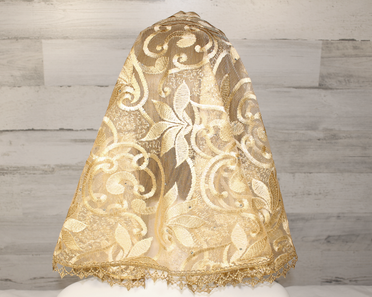 Gold Floral Mesh Lace Large D-Shaped Chapel Veil/Mantilla