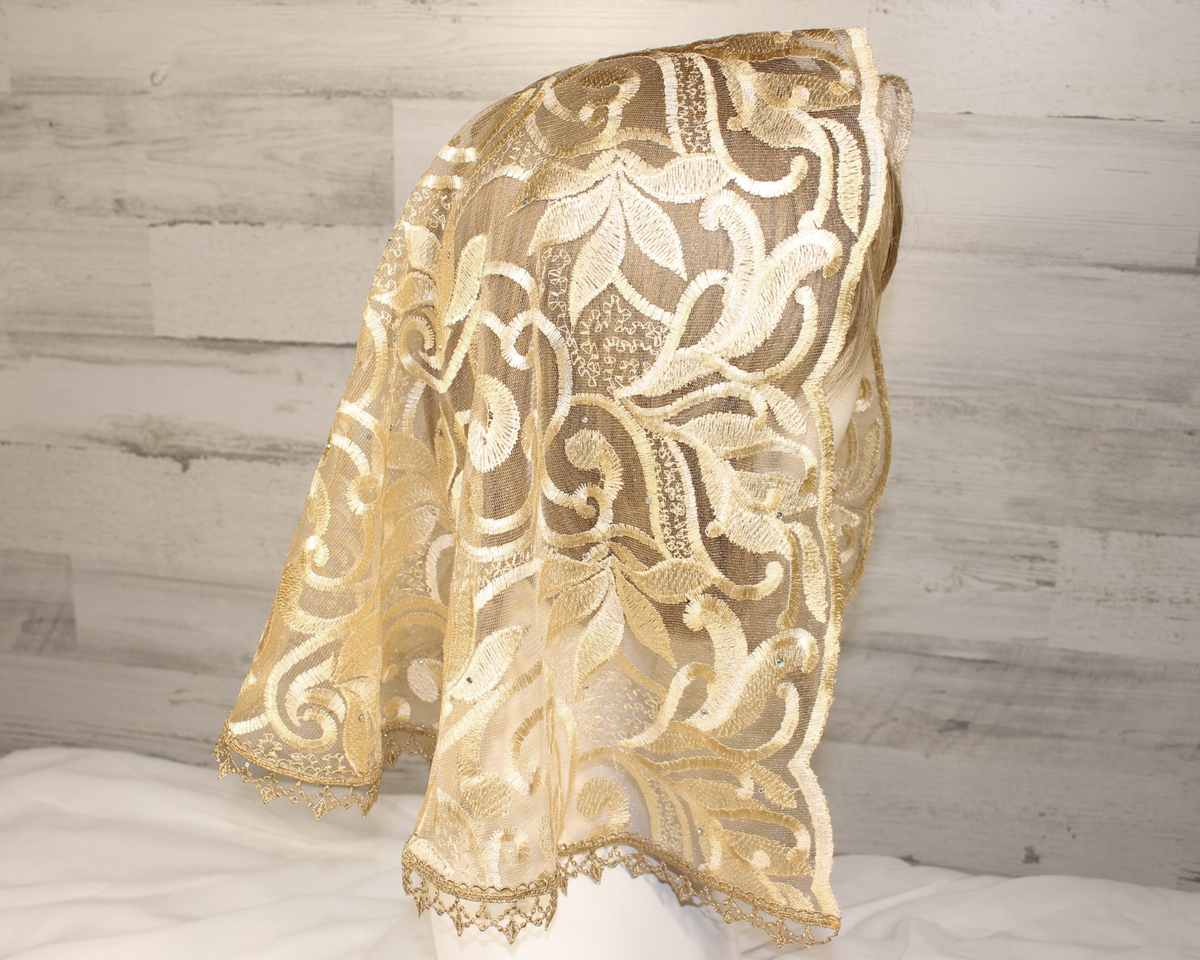 Gold Floral Mesh Lace Large D-Shaped Chapel Veil/Mantilla