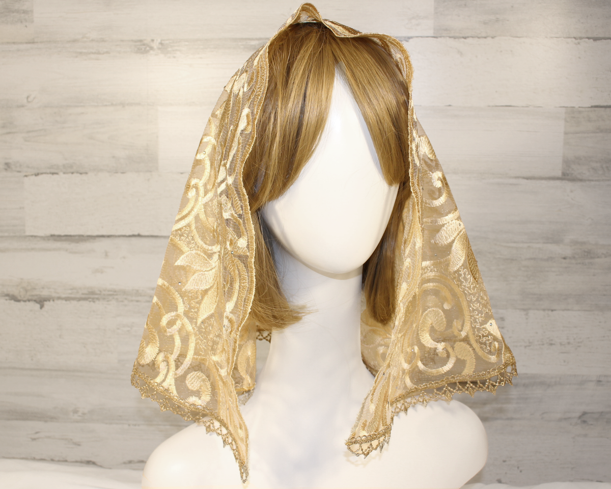 Gold Floral Mesh Lace Large D-Shaped Chapel Veil/Mantilla
