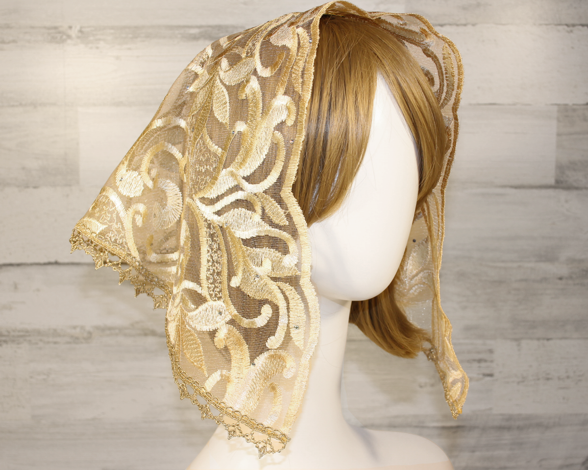 Gold Floral Mesh Lace Small D-Shaped Chapel Veil/Mantilla