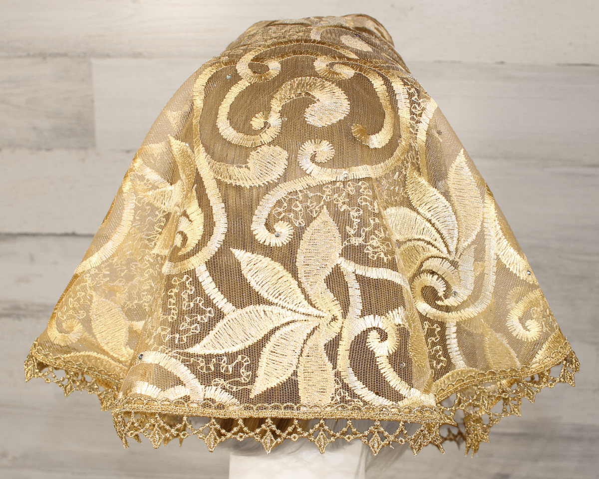 Gold Floral Mesh Lace Small D-Shaped Chapel Veil/Mantilla