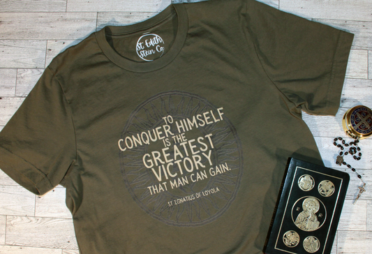 St Ignatius of Loyola T-Shirt - To Conquer Himself - Military Green