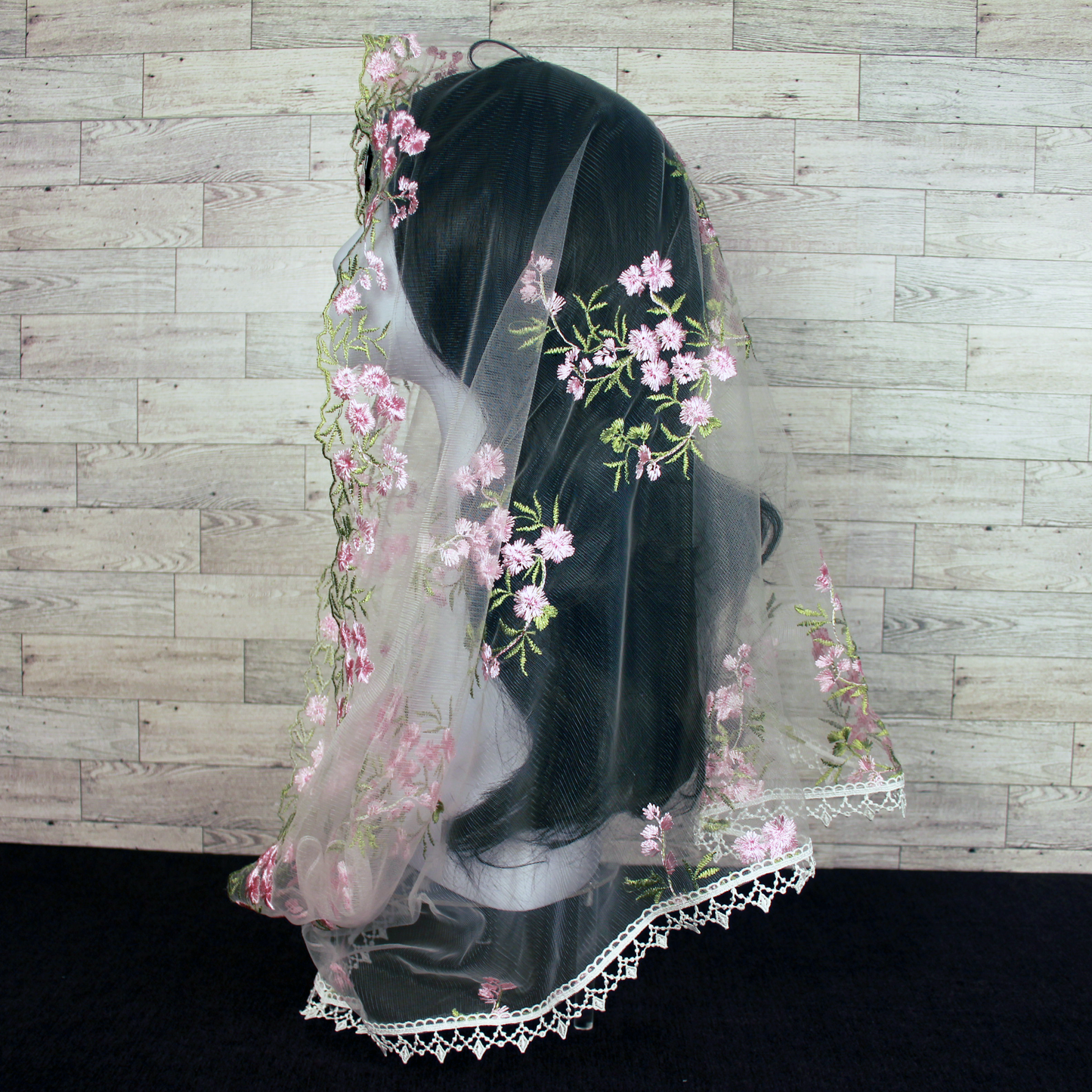 White Veil with Embroidered Pink Roses (Infinity)