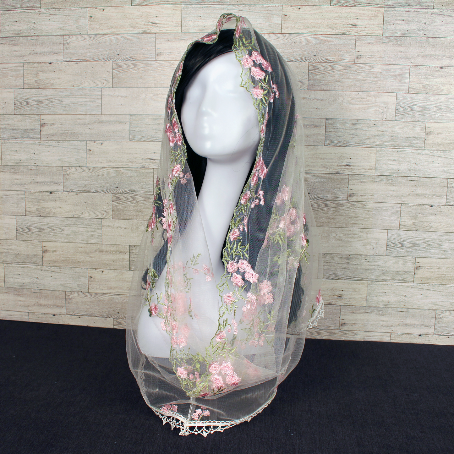 White Veil with Embroidered Pink Roses (Infinity)