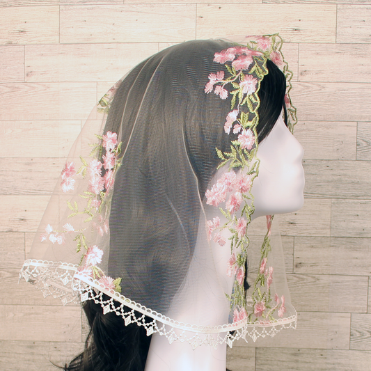 White Veil with Embroidered Pink Roses (D-Shaped)