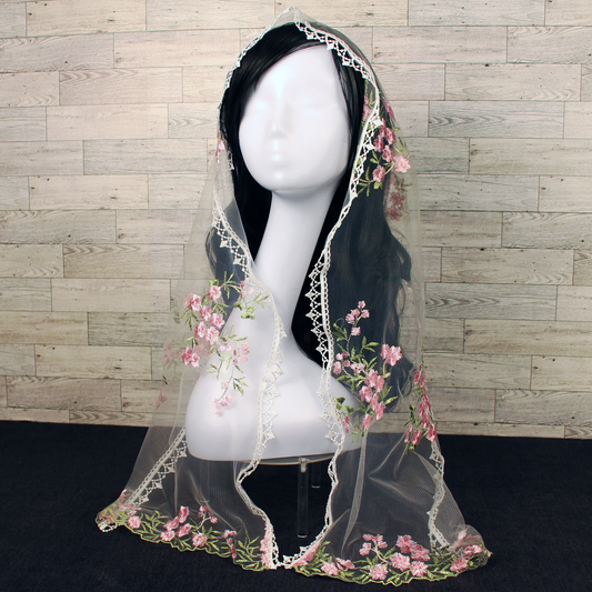 White Veil with Embroidered Pink Roses (Rectangle)