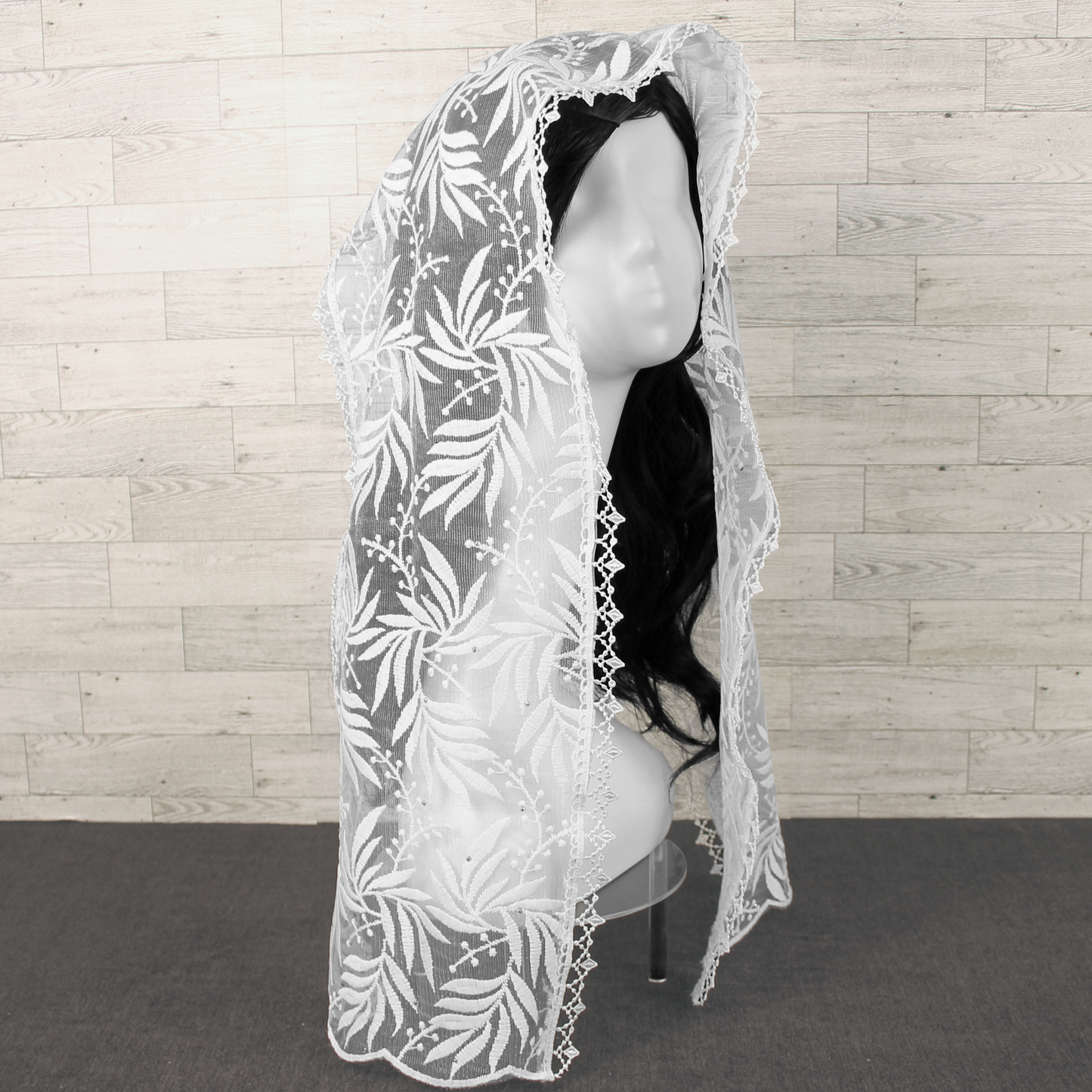 White Embroidered Rectangle Chapel Veil/Mantilla w/Fauna Design