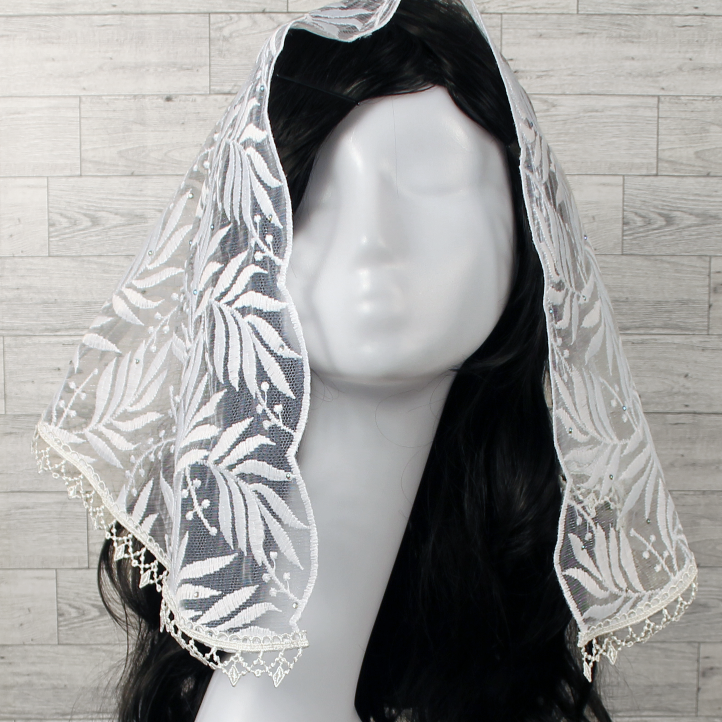 White Embroidered D-Shaped Chapel Veil/Mantilla w/Fauna Design