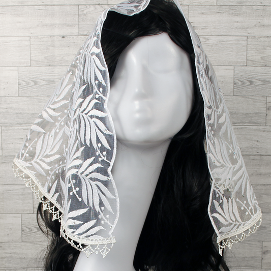White Embroidered D-Shaped Chapel Veil/Mantilla w/Fauna Design