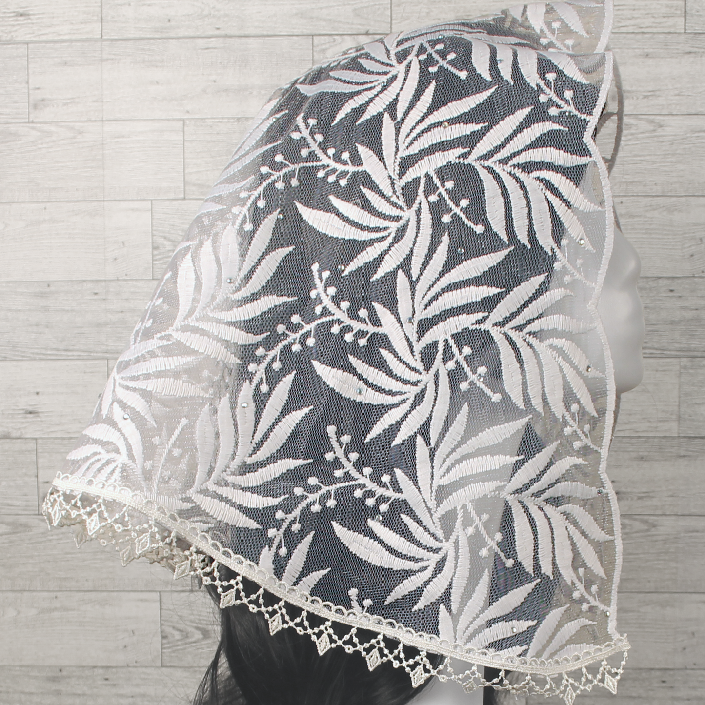White Embroidered D-Shaped Chapel Veil/Mantilla w/Fauna Design