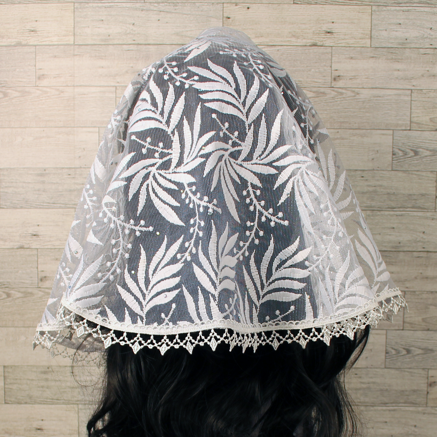 White Embroidered D-Shaped Chapel Veil/Mantilla w/Fauna Design