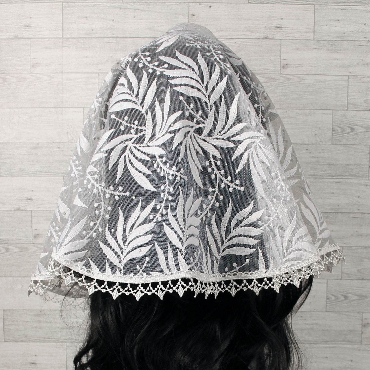 White Embroidered D-Shaped Chapel Veil/Mantilla w/Fauna Design