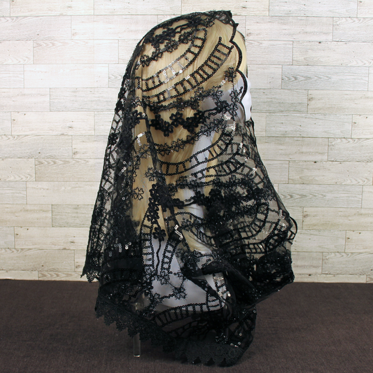 Black Lace Infinity Chapel Veil/Mantilla with Sequins